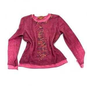 Acorn cute pink Christmas sweater with ribbon tree and beads med